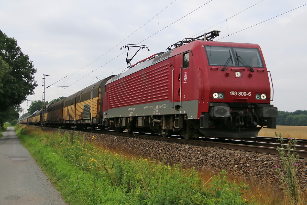 189 800-6 mit geschlossenen ARS-Autotransportwagen in Fahrtrichtung Verden(Aller). Aufgenommen in Eystrup am 23.07.2015.