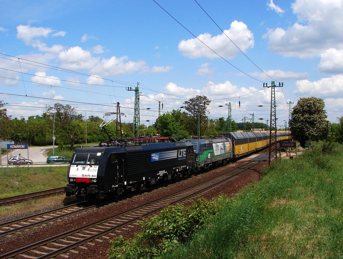 189 843 + 193 203 mit Mercedes - ARS Zug bei Komárom. 
10.05.2015.