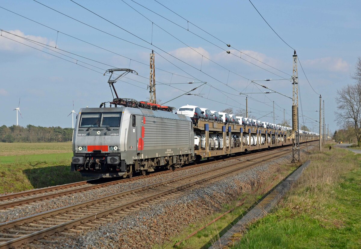 189 843 der akiem führte am 10.04.23 für ihren Mieter NeS einen BLG-Vollzug durch Wittenberg-Labetz Richtung Dessau.