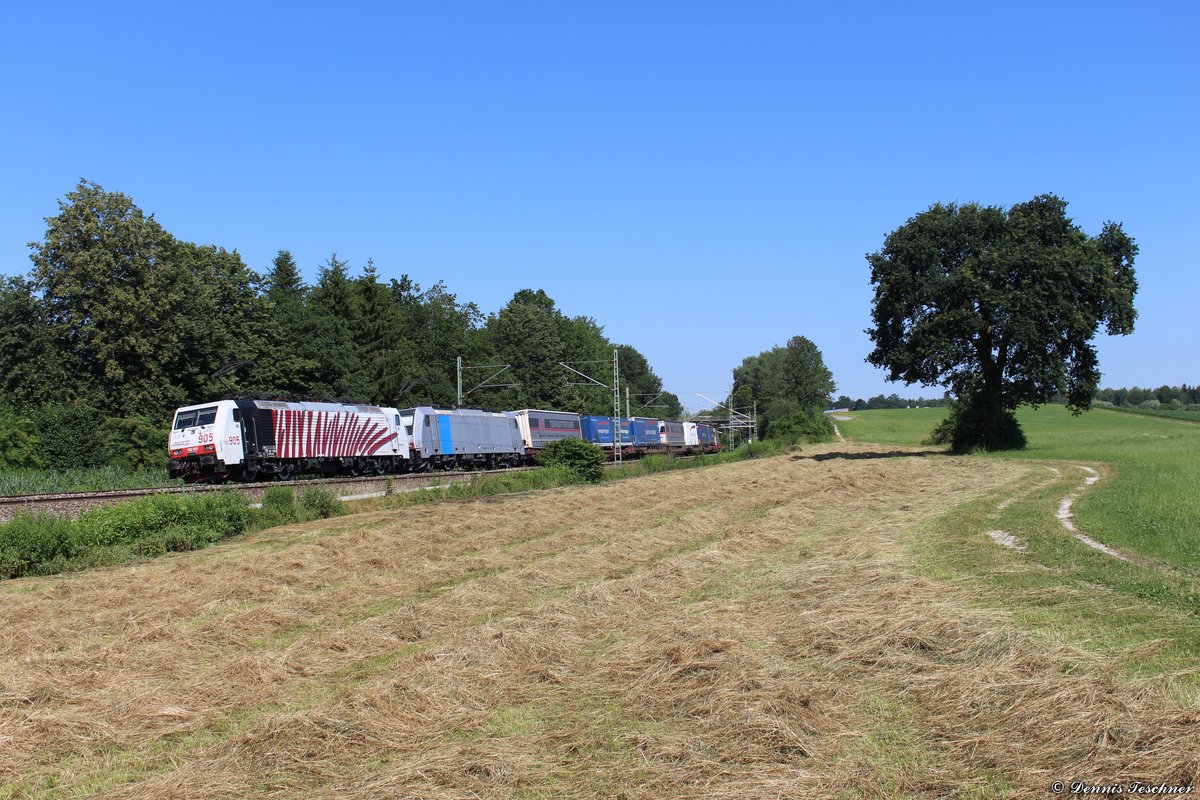 189 905 Lokomotion + 186 282 RP mit einem Paneuropa&Terratrans-KLV bei Ostermünchen am 04.07.2019