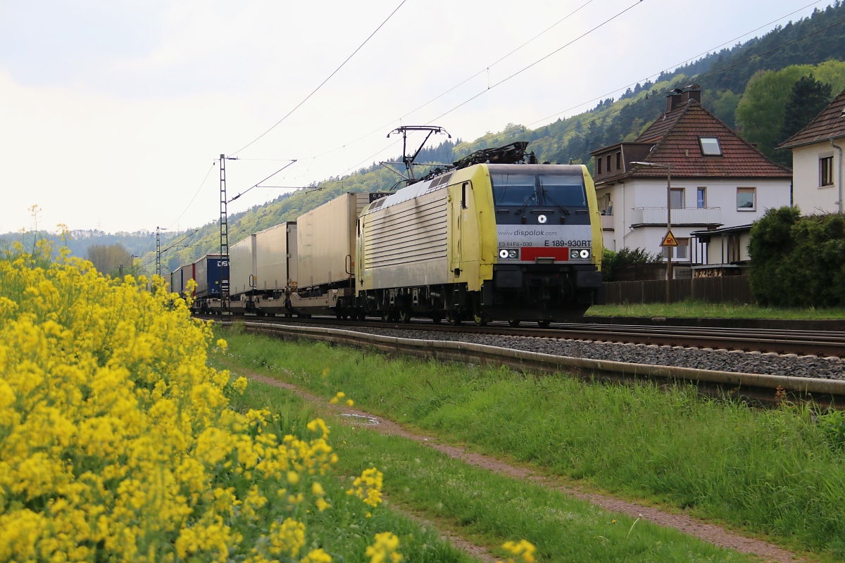 189 930 (ES 64 F4-030) mit KLV-Zug in Fahrtrichtung Norden. Aufgenommen in Ludwigsau-Friedlos am 30.04.2014.