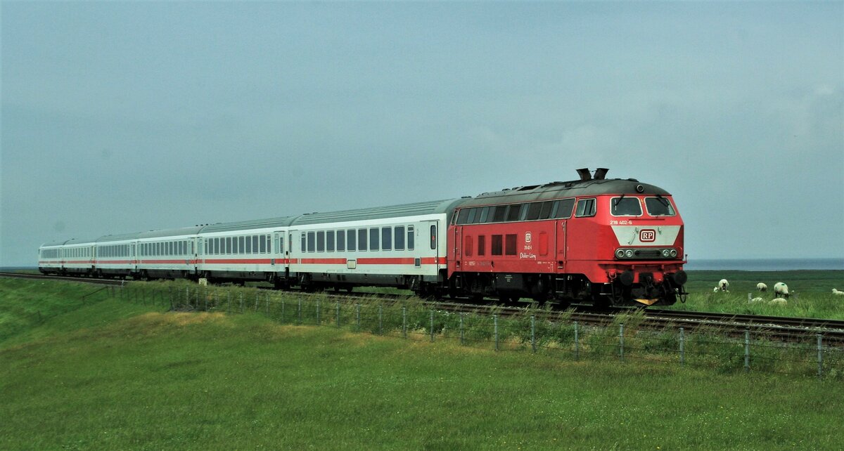 19.06.2021 Friedrich-Wilhelm-Lübcke-Koog: 218 402-6 RPRS  Pidder Lüng  schiebt den (Leer-)IC von Hamburg-Eidelstedt nach Westerland/Sylt.