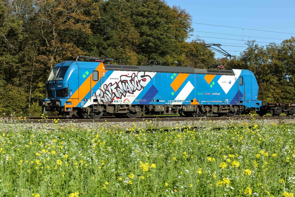 192 009 mit schönen Farben im Herbst am 27.10.2022 bei Eglharting. Das Graffiti gehört so dahin !