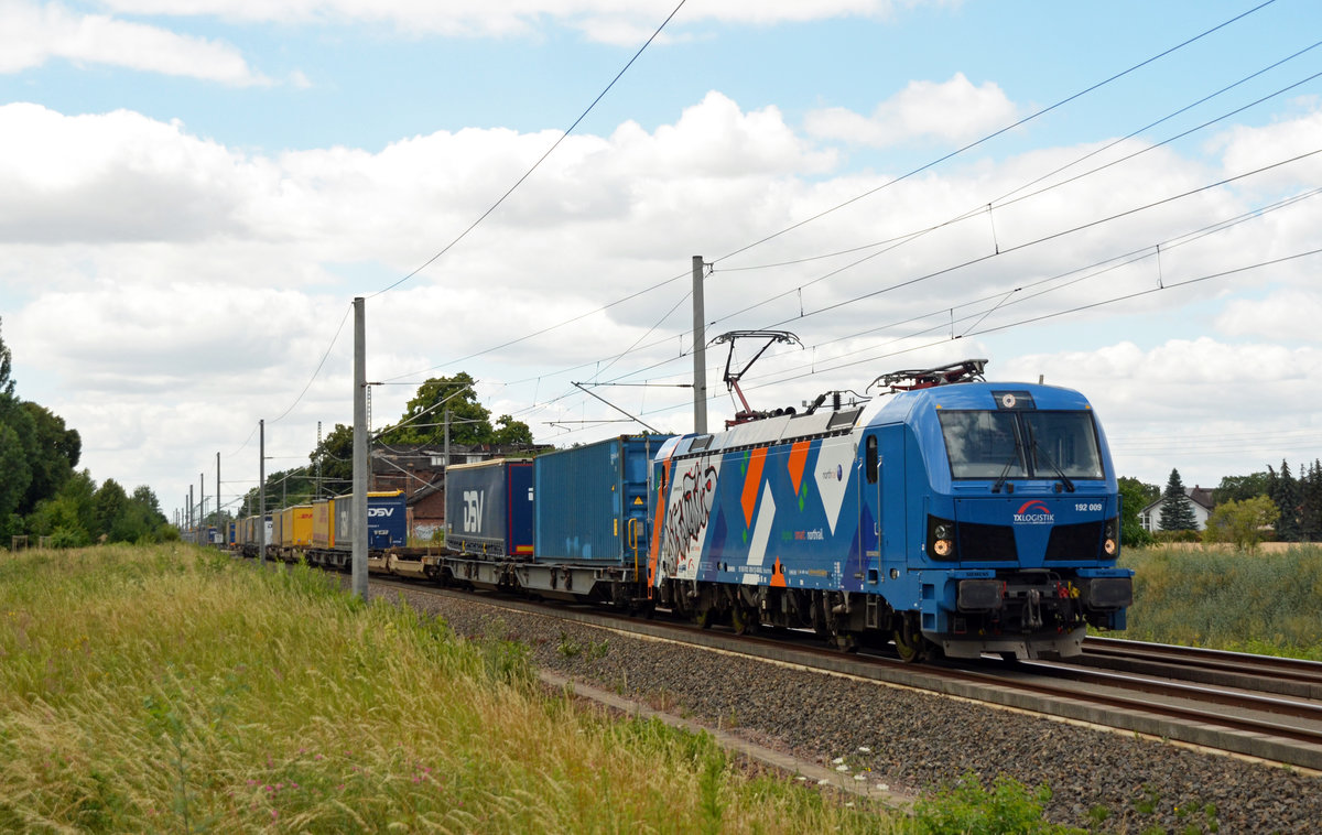 192 009 der northrail beförderte am 07.07.20 einen TX-KLV durch Brehna Richtung Bitterfeld. Ziel des Zuges war der Seehafen Rostock.
