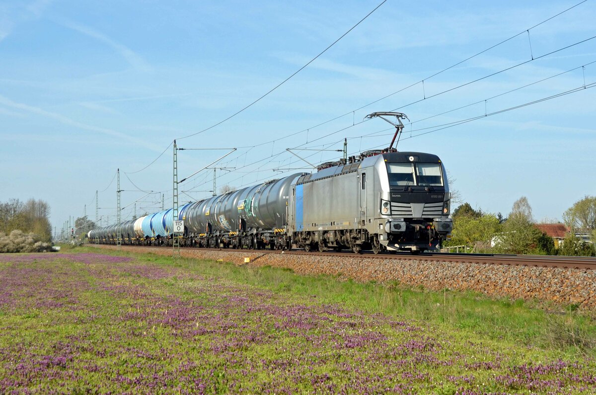 193 091 der Railpool führte am 22.04.23 einen Kesselwagenzug durch Gräfenhainichen Richtung Wittenberg.