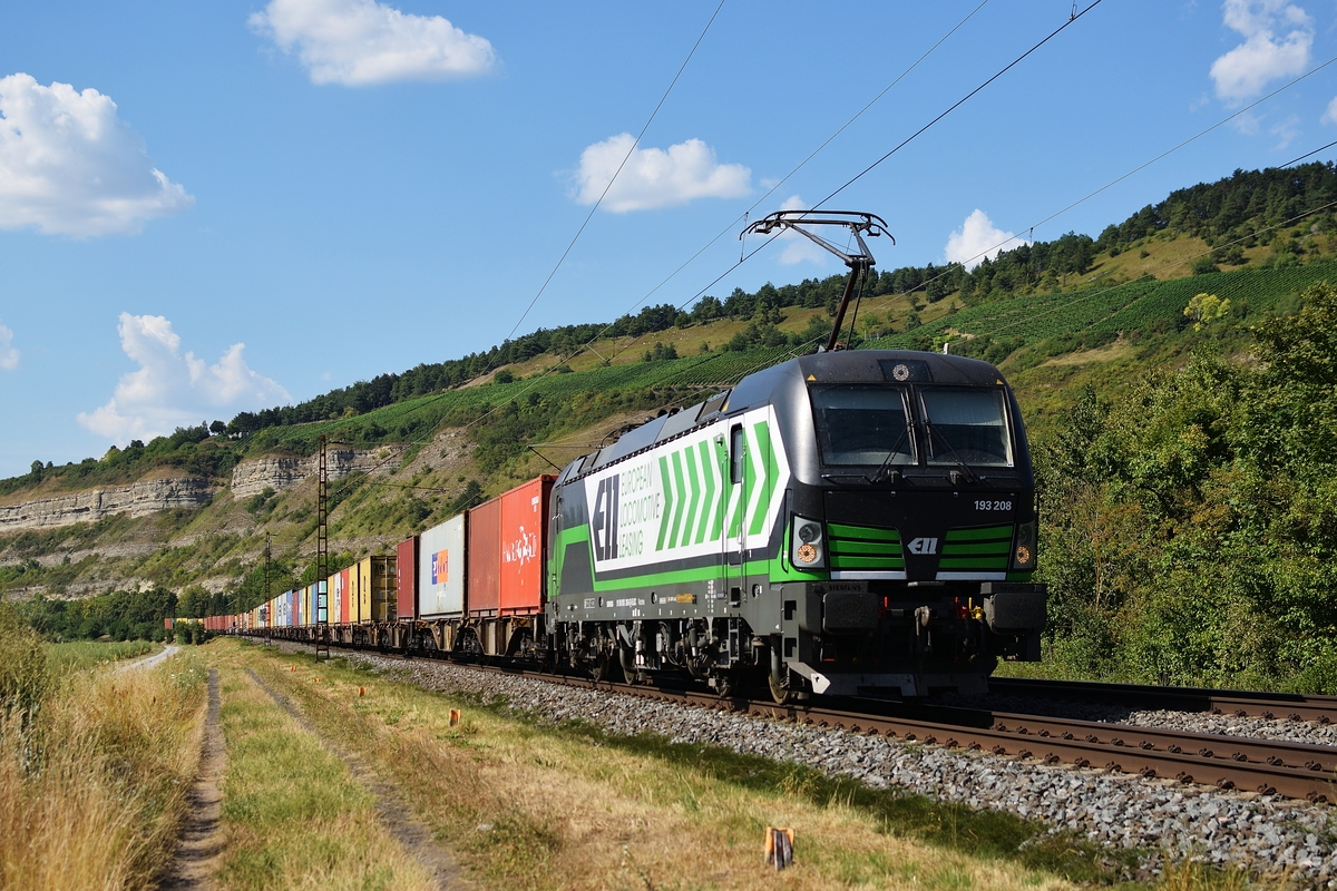 193 208 mit ELL-Seitenwerbung zieht am 26. Juli 2018 einem Containerzug bei Thüngersheim Richtung Würzburg.