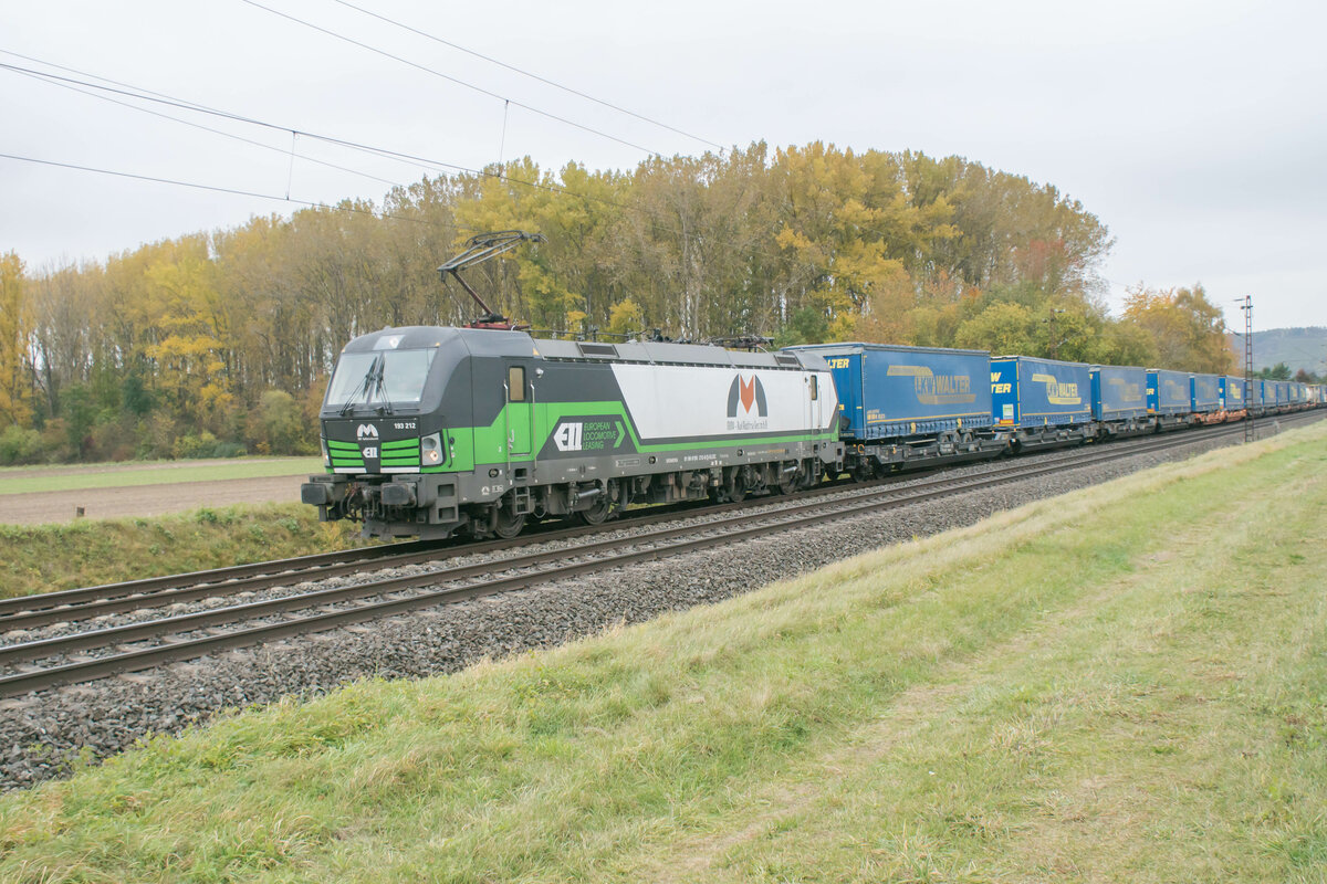 193 212-8 ist am 27.10.2021 bei Himmelstadt mit einem Walterzug in Richtung Süden unterwegs.