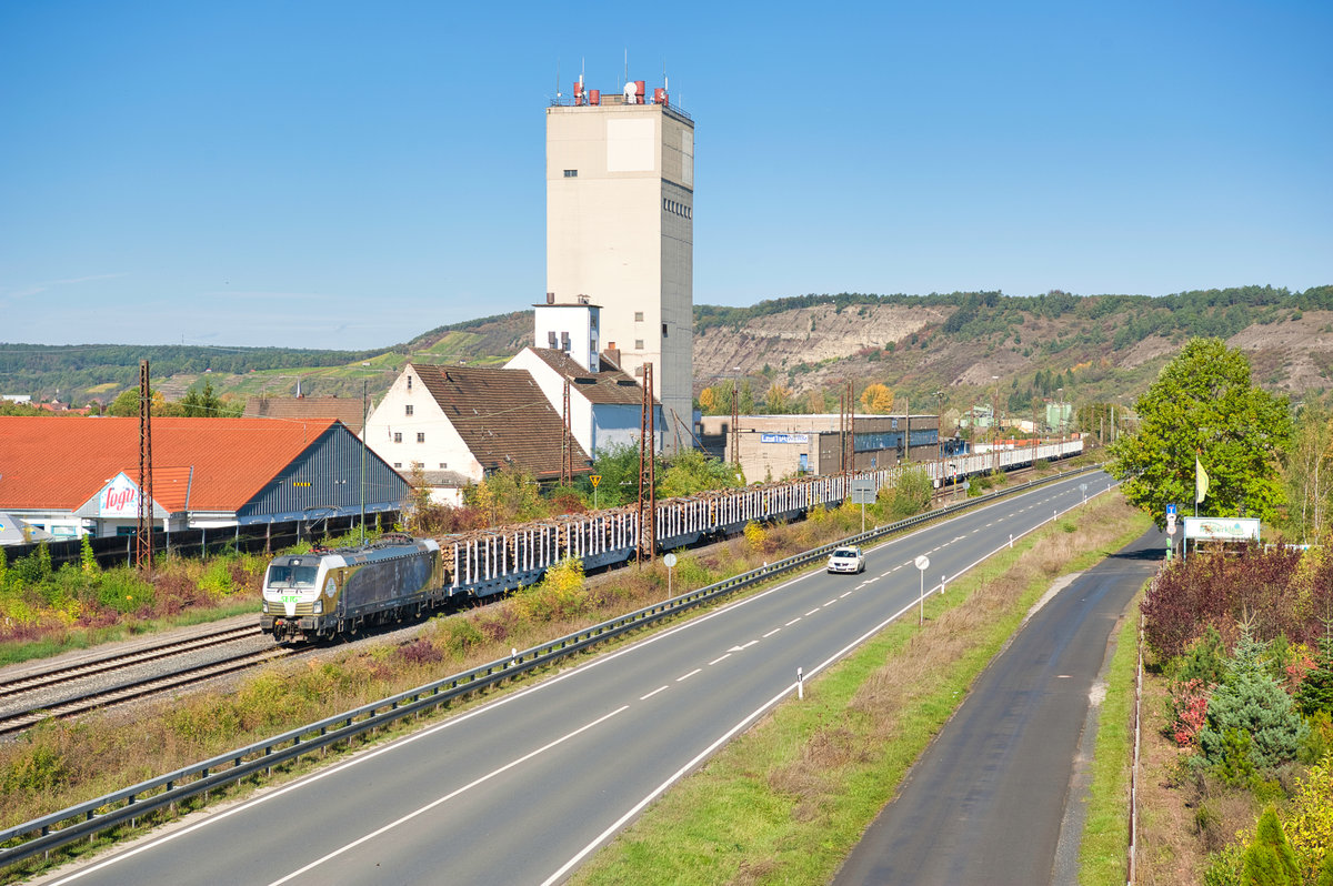 193 218  Beethoven  der SETG mit einem Leerholzzug bei Karlsstadt Richtung Würzburg, 12.10.2019