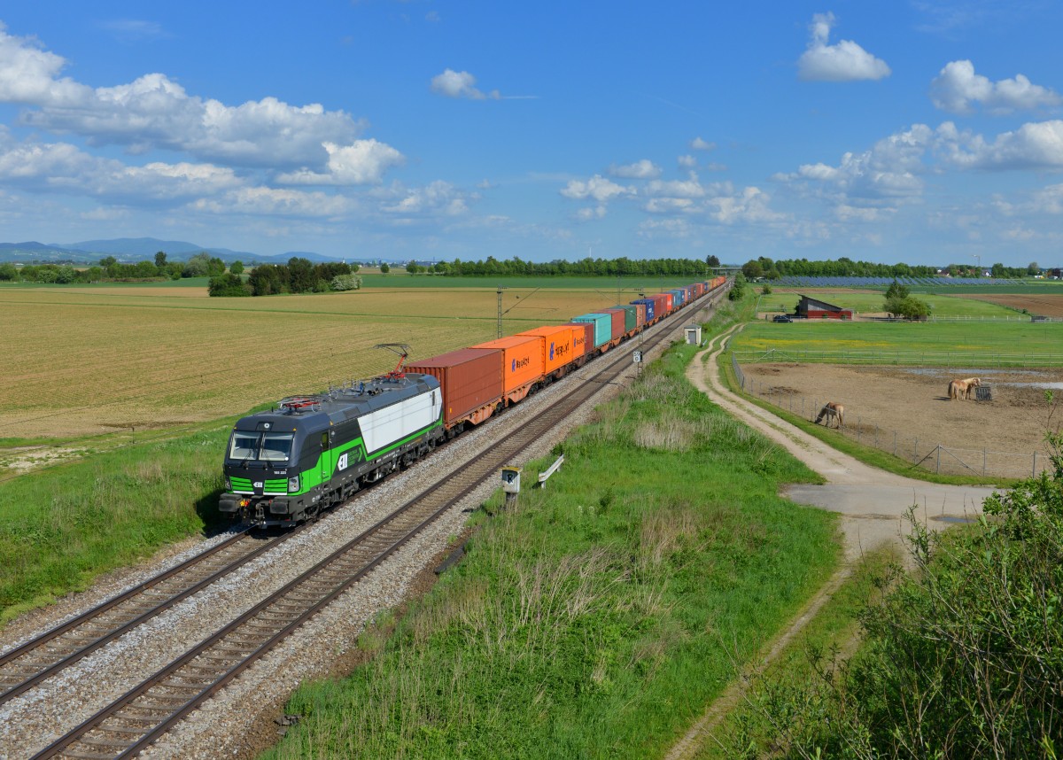 193 223 mit einem Containerzug am 10.05.2015 bei Stephansposching. 
