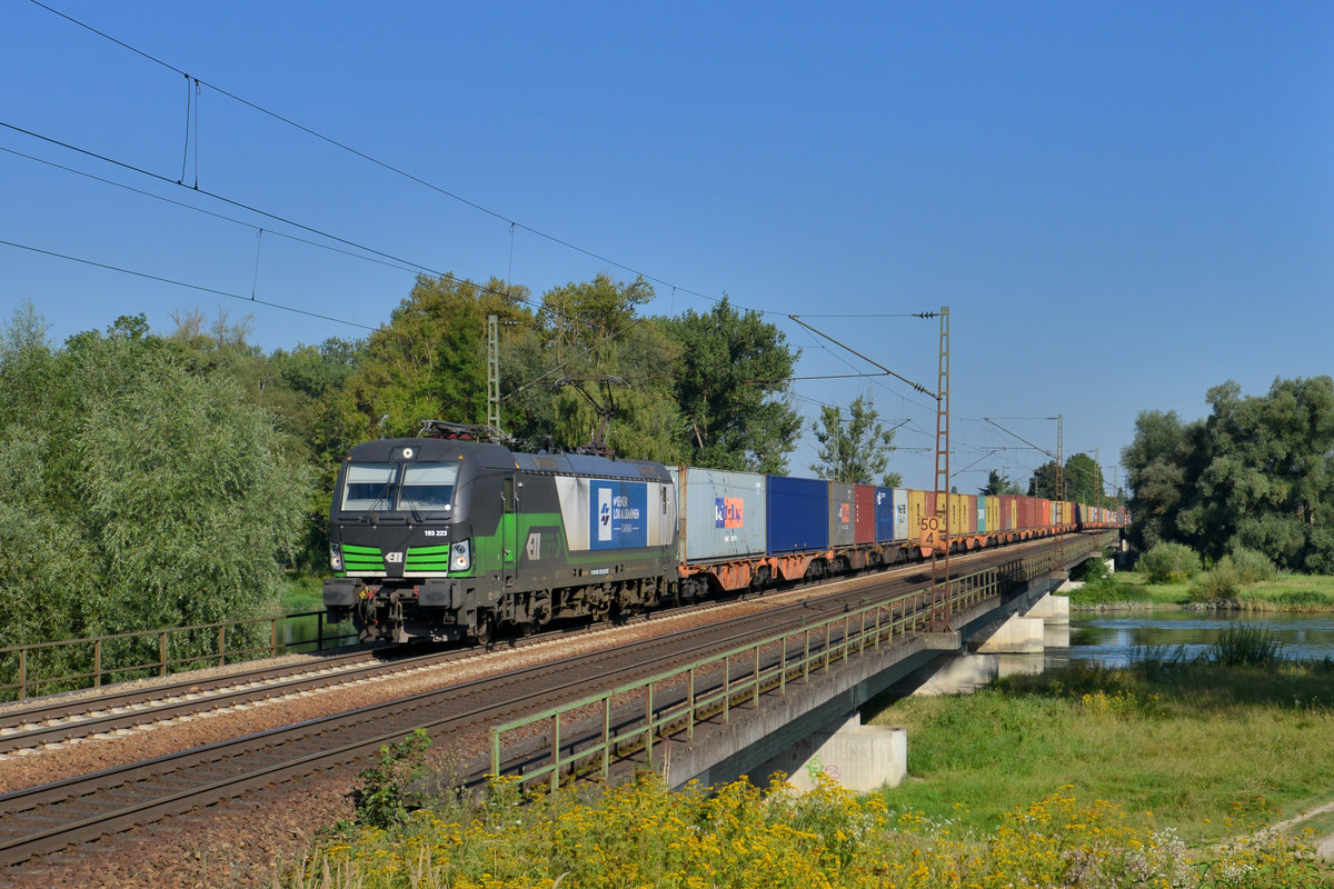 193 223 mit einem Containerzug am 17.08.2016 bei Plattling. 