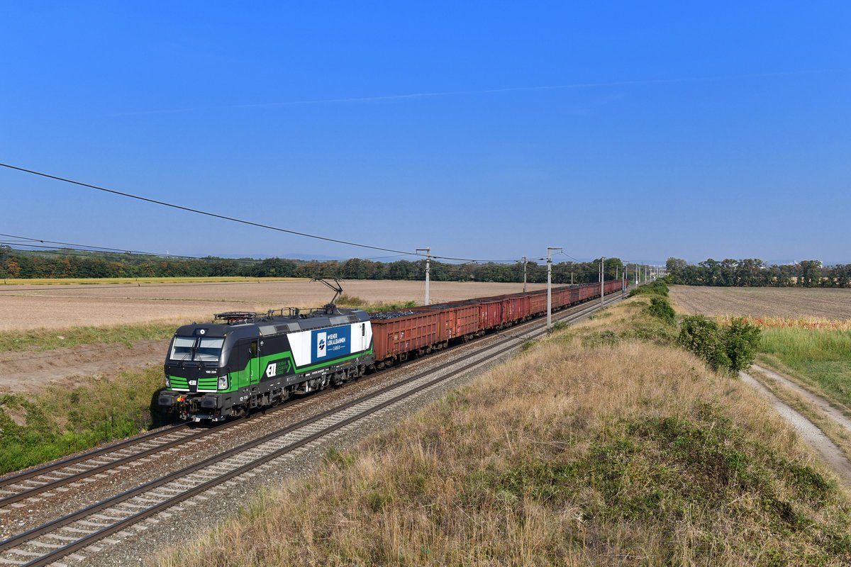 193 224 mit einem Güterzug am 29.08.2018 bei Gramatneusiedl. 