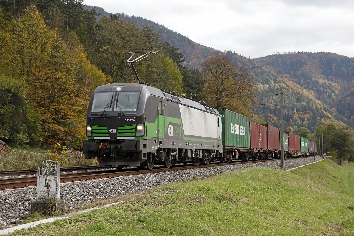 193 224 mit Güterzug bei Mixnitz-Bärenschützklamm am 22.10.2015.