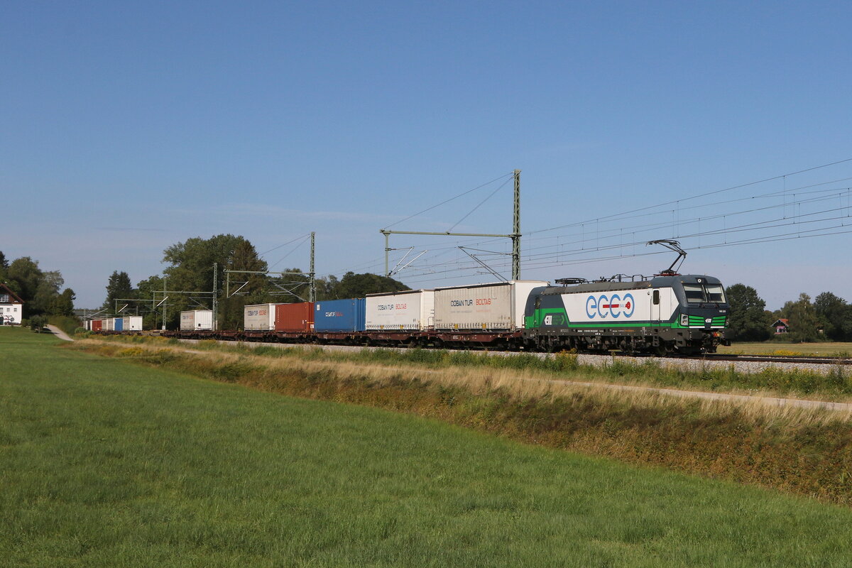 193 225  ECCO-Rail  mit einem  KLV  aus München kommend am 17. August 2022 bei Übersee am Chiemsee.