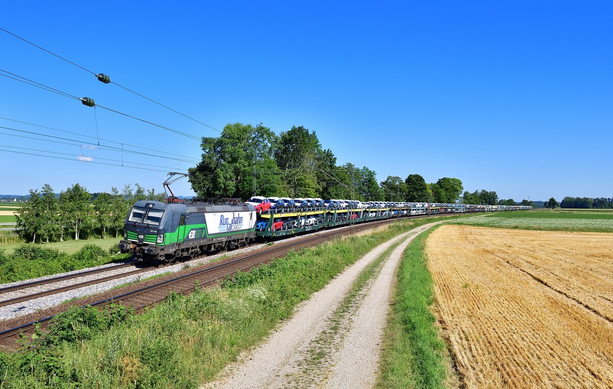 193 229 mit einem Autozug am 03.07.2022 bei Langenisarhofen.