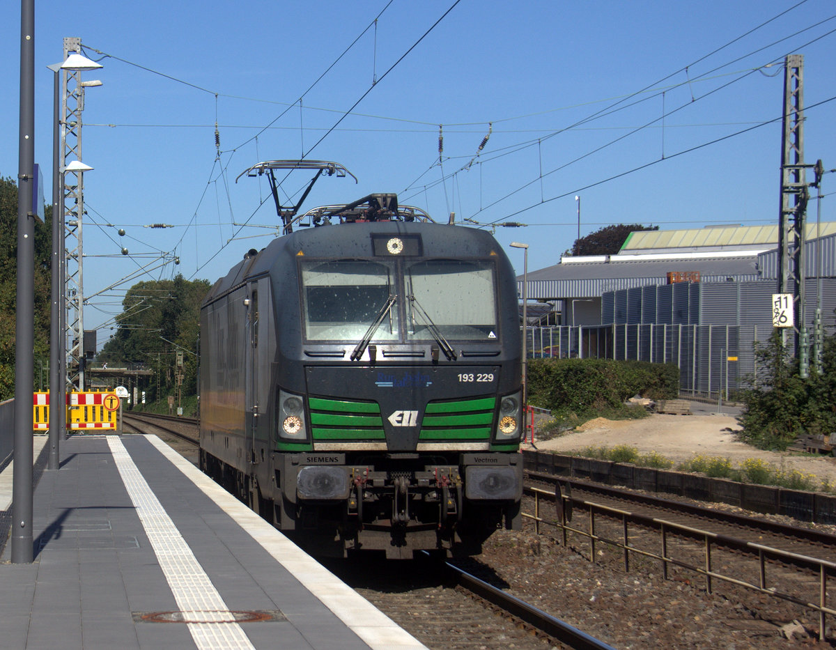 193 229 von der Rurtalbahn-Cargo kommt als Lokzug aus Mönchengladbach-Hbf nach Aachen-West nd fährt die Kohlscheider-Rampe hoch aus Richtung Herzogenrath und fährt durch Kohlscheid in Richtung Richterich,Laurensberg,Aachen-West. 
Aufgenommen von Bahnsteig 2 in Kohlscheid. 
Bei Sommerwetter am Nachmittag vom 21.9.2019.