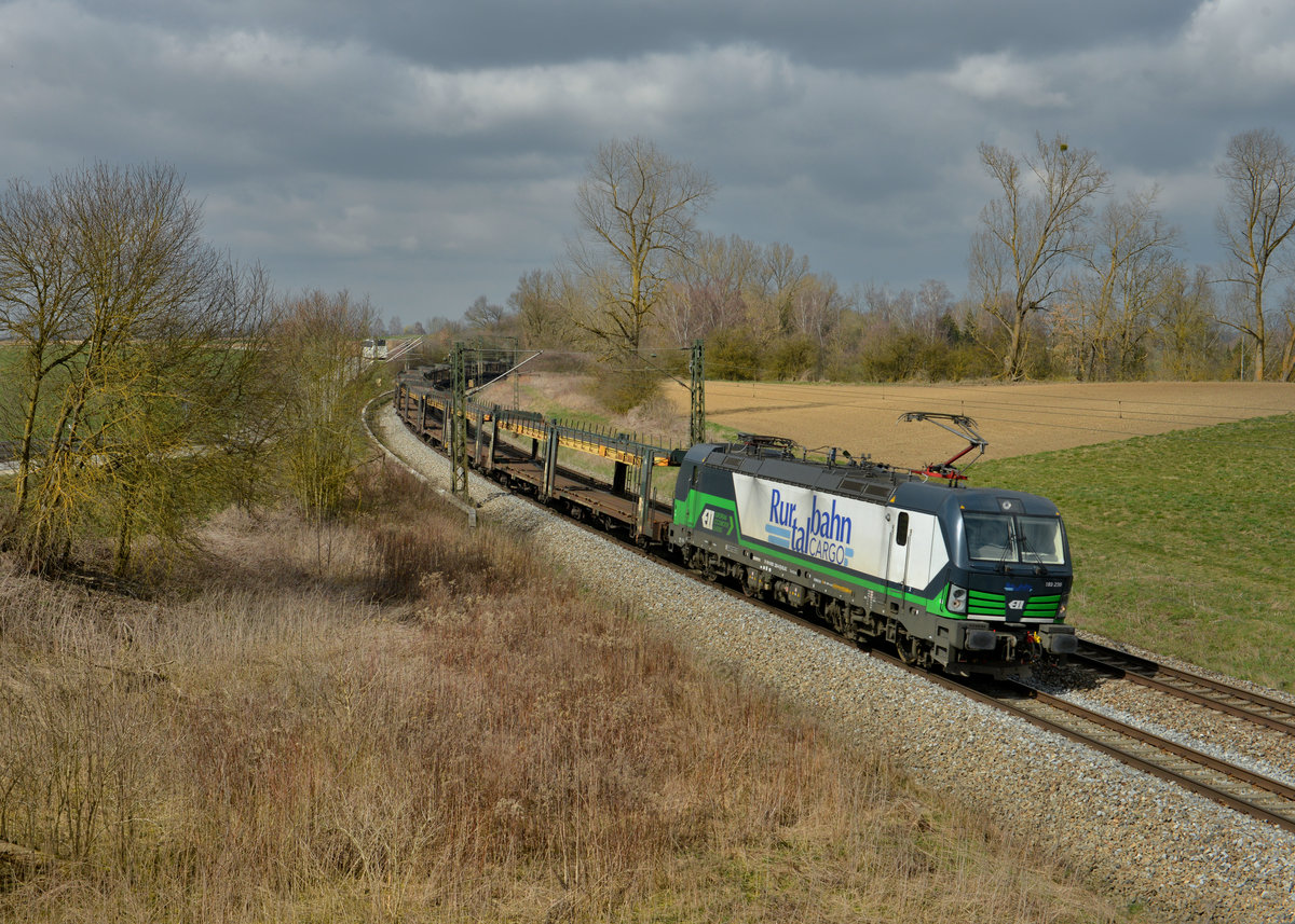 193 230 mit einem leeren Autozug am 21.03.2016 bei Langenisarhofen. 