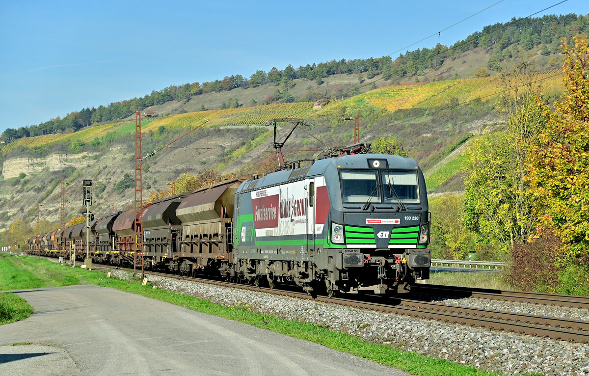 193 230 mit einem Selbsentladewagenzug am Haken ist hier bei Thüngersheim gen Würzburg fahrend am 27.10.2022 unterwegs.