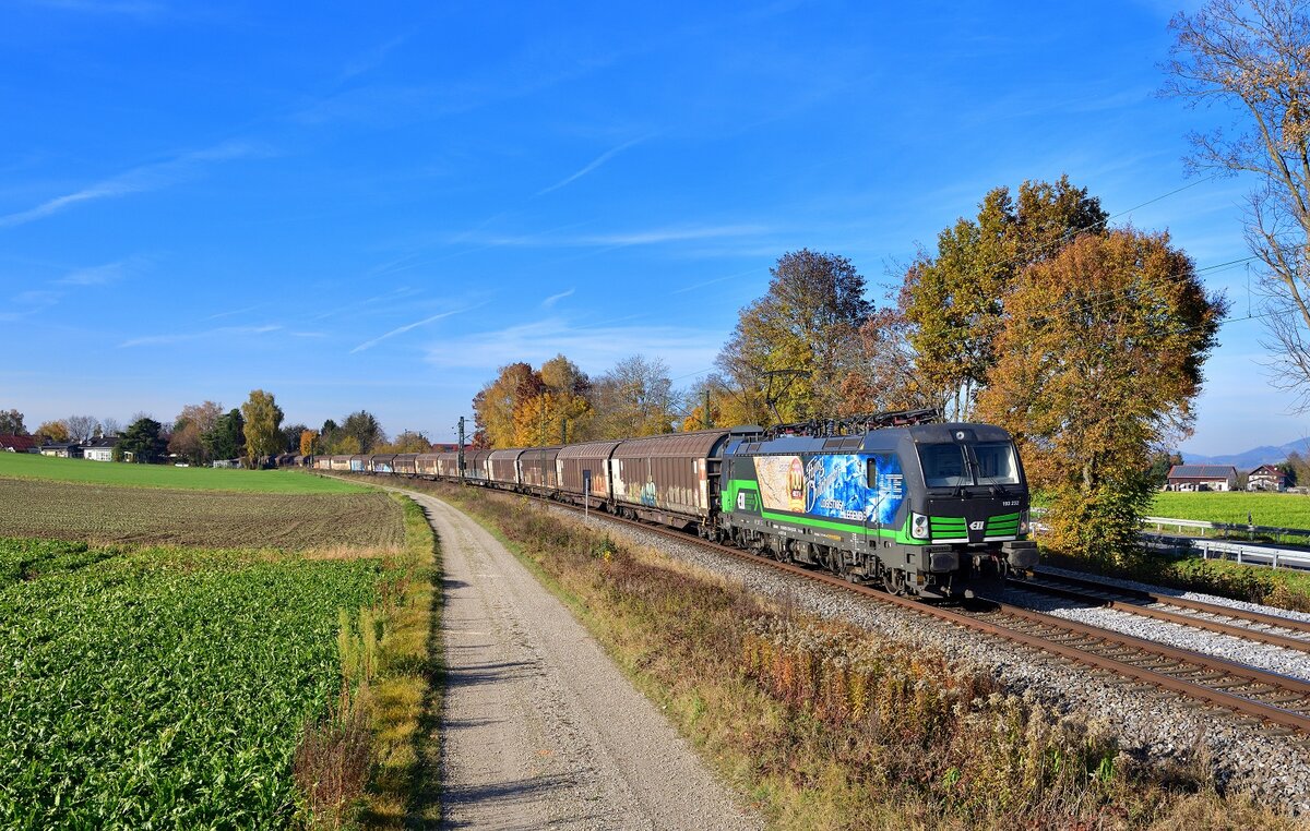 193 232 mit einem Schiebewandwagenzug am 31.10.2021 bei Langenisarhofen.