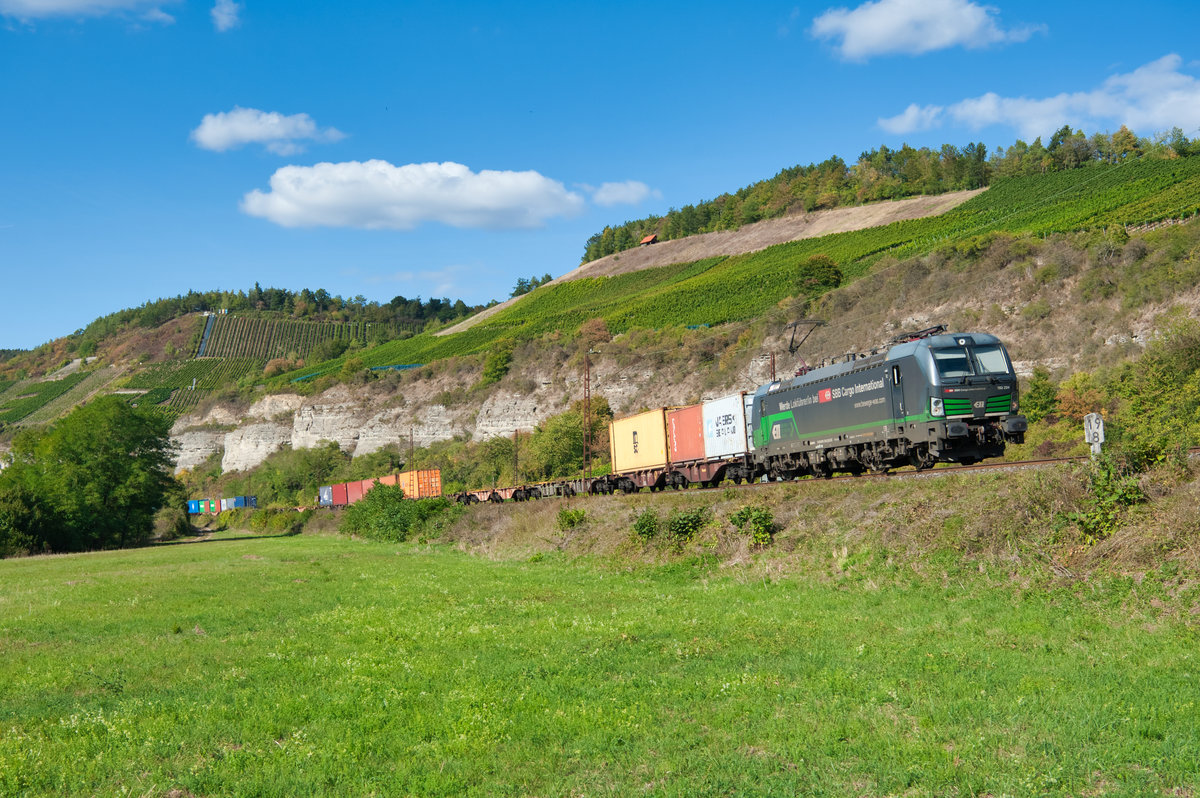 193 234 ELL/SBB Cargo mit einem Containerzug bei Himmelstadt Richtung Würzburg, 18.09.2019