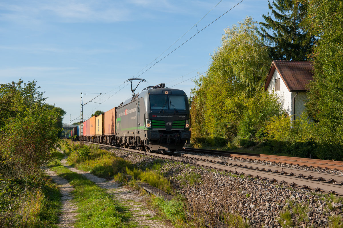 193 234 ELL/SBB-Cargo mit einem Containerzug bei Postbauer-Heng Richtung Regensburg, 11.09.2018
