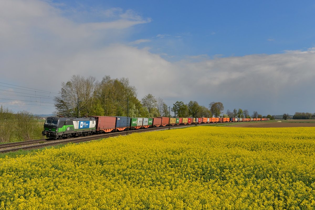 193 237 mit einem Containerzug am 25.04.2016 bei Langenisarhofen. 