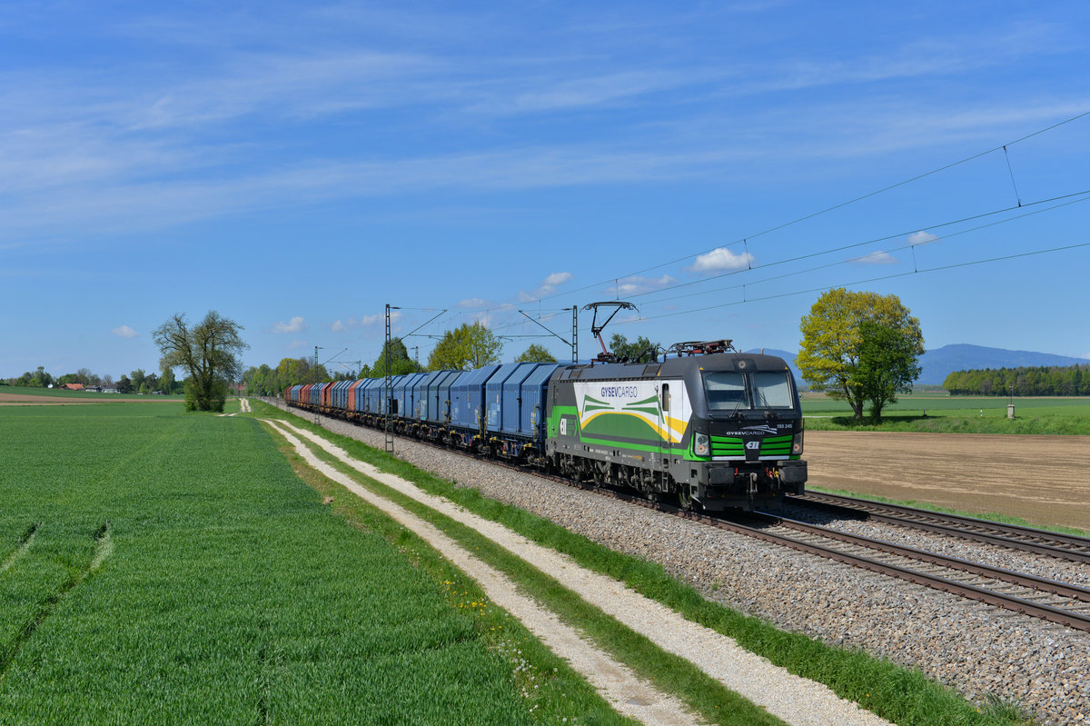 193 245 mit einem Stahlzug am 06.05.2017 bei Langenisarhofen. 