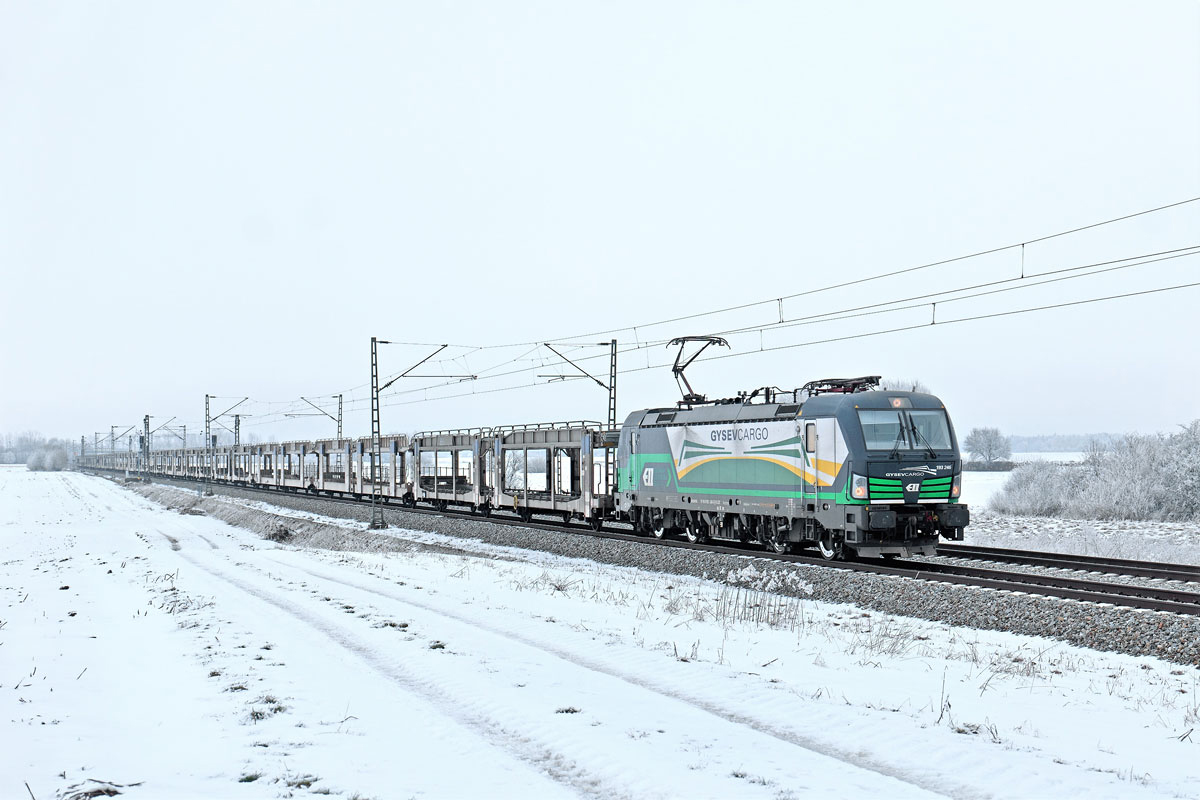193 246 fährt am 5.2.2019 mit einem Autoleerzug in Osterhofen vorüber.