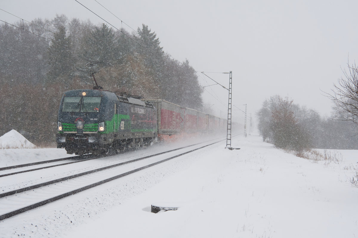 193 252 von ELL/TXL mit einem KLV-Zug bei Postbauer-Heng Richtung Nürnberg, 03.02.2019