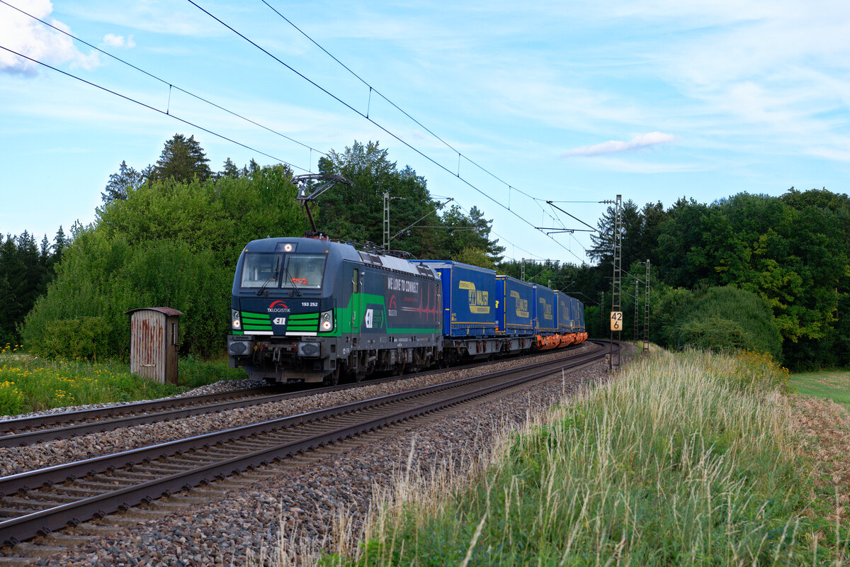 193 252 ELL/TXL mit einem LKW-Walter KLV-Zug bei Seubersdorf Richtung Nürnberg, 19.08.2020