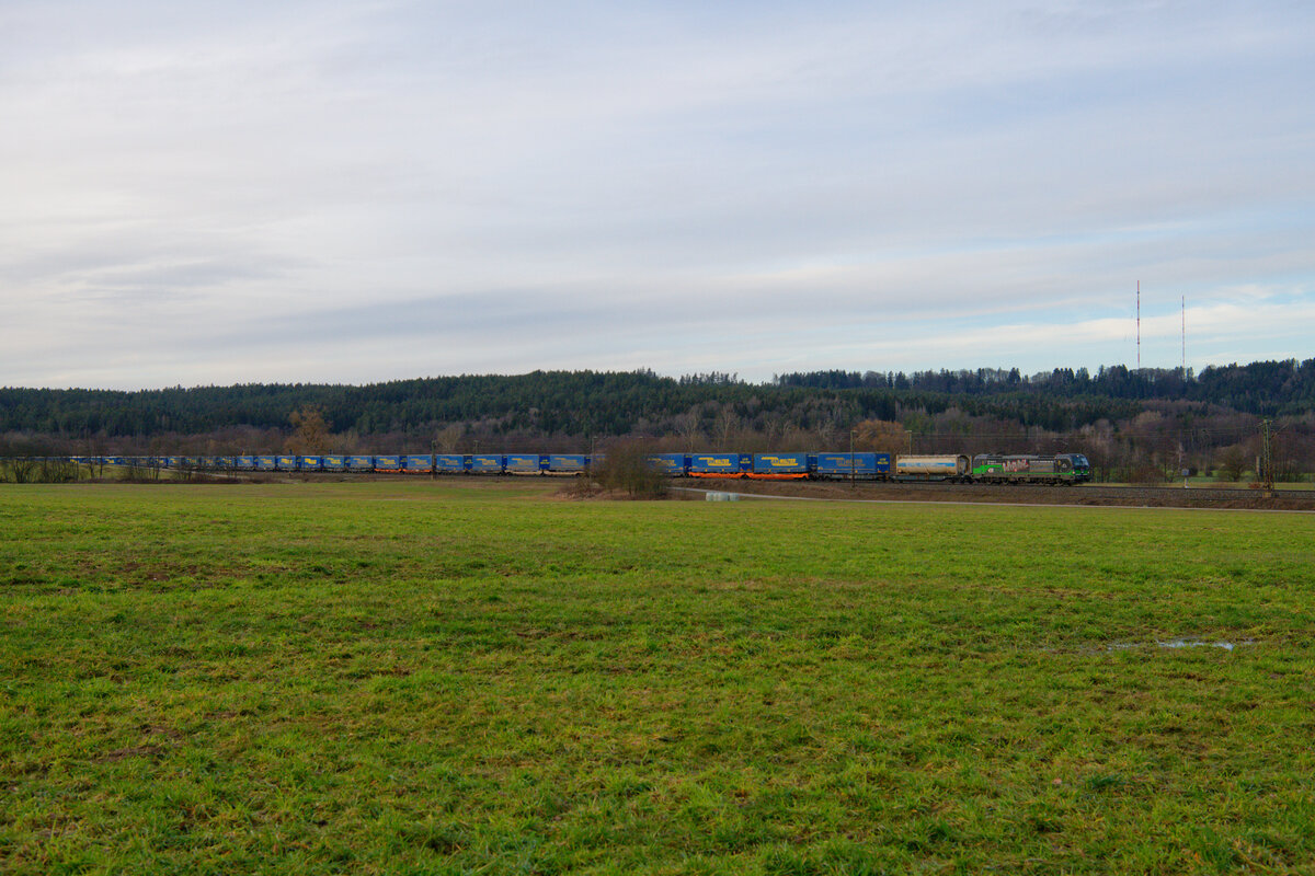 193 254 ELL/TXL  Born To Rail  mit einem LKW-Walter KLV-Zug bei Pölling Richtung Regensburg, 04.02.2021