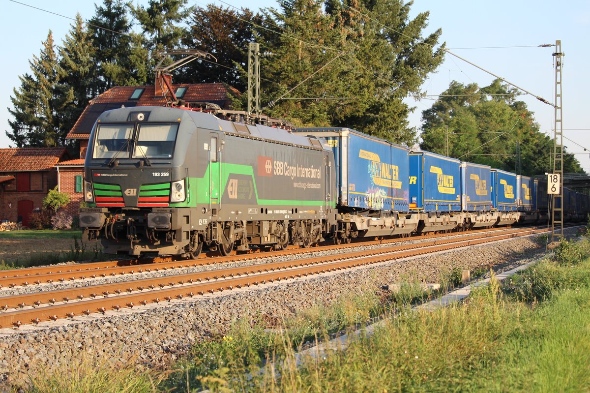 193 259 mit einem LKW-Walter KLV Zug auf der Bahnstrecke Friedberg-Hanau bei Bruchköbel  