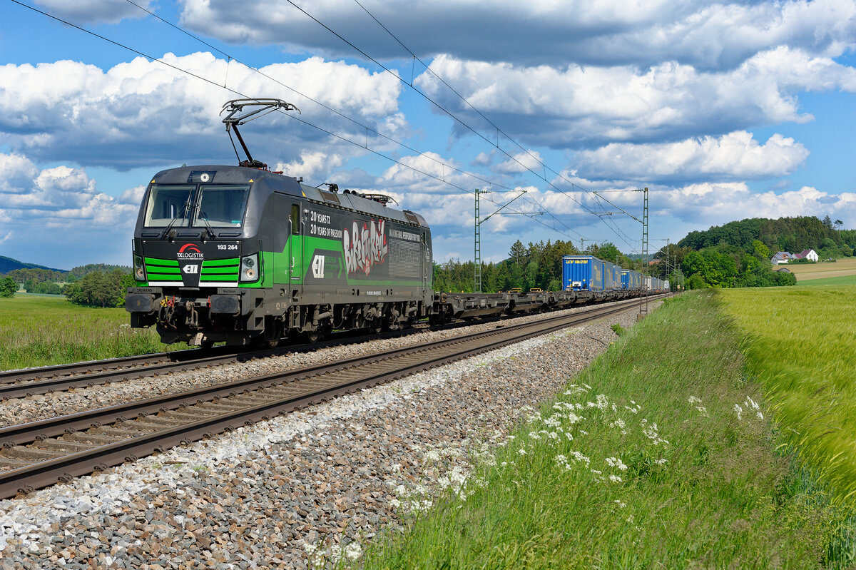 193 264 ELL/TXL  Born to rail  mit einem LKW-Walter KLV-Zug bei Seubersdorf Richtung Nürnberg, 28.05.2020