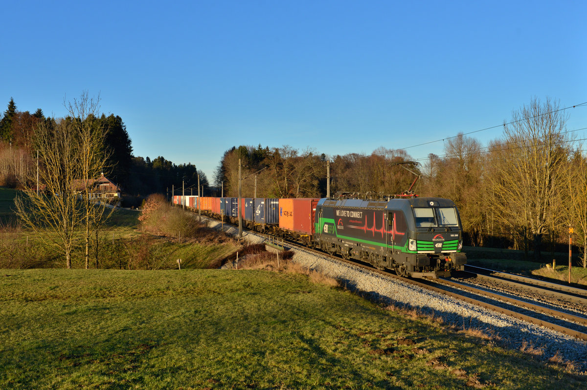 193 266 mit einem Containerzug am 10.12.2016 bei Eugendorf. 