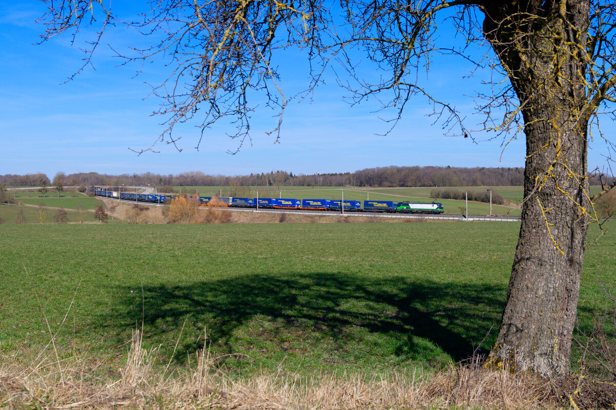 193 267 ELL/TXL mit einem LKW-Walter KLV-Zug bei Steinach b. Rothenburg Richtung Ansbach, 06.03.2021