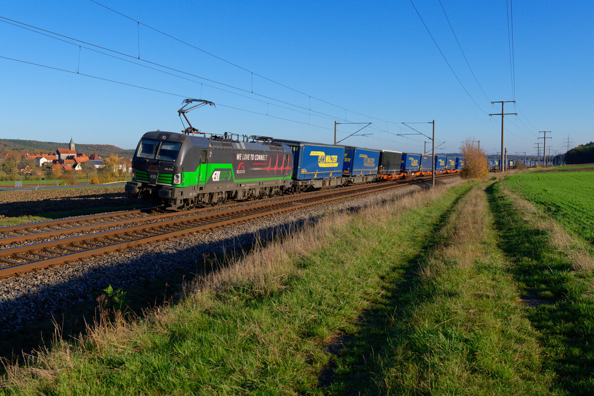 193 274 ELL/TXL mit einem LKW-Walter KLV-Zug bei Markt Bibart Richtung Würzburg, 05.11.2020