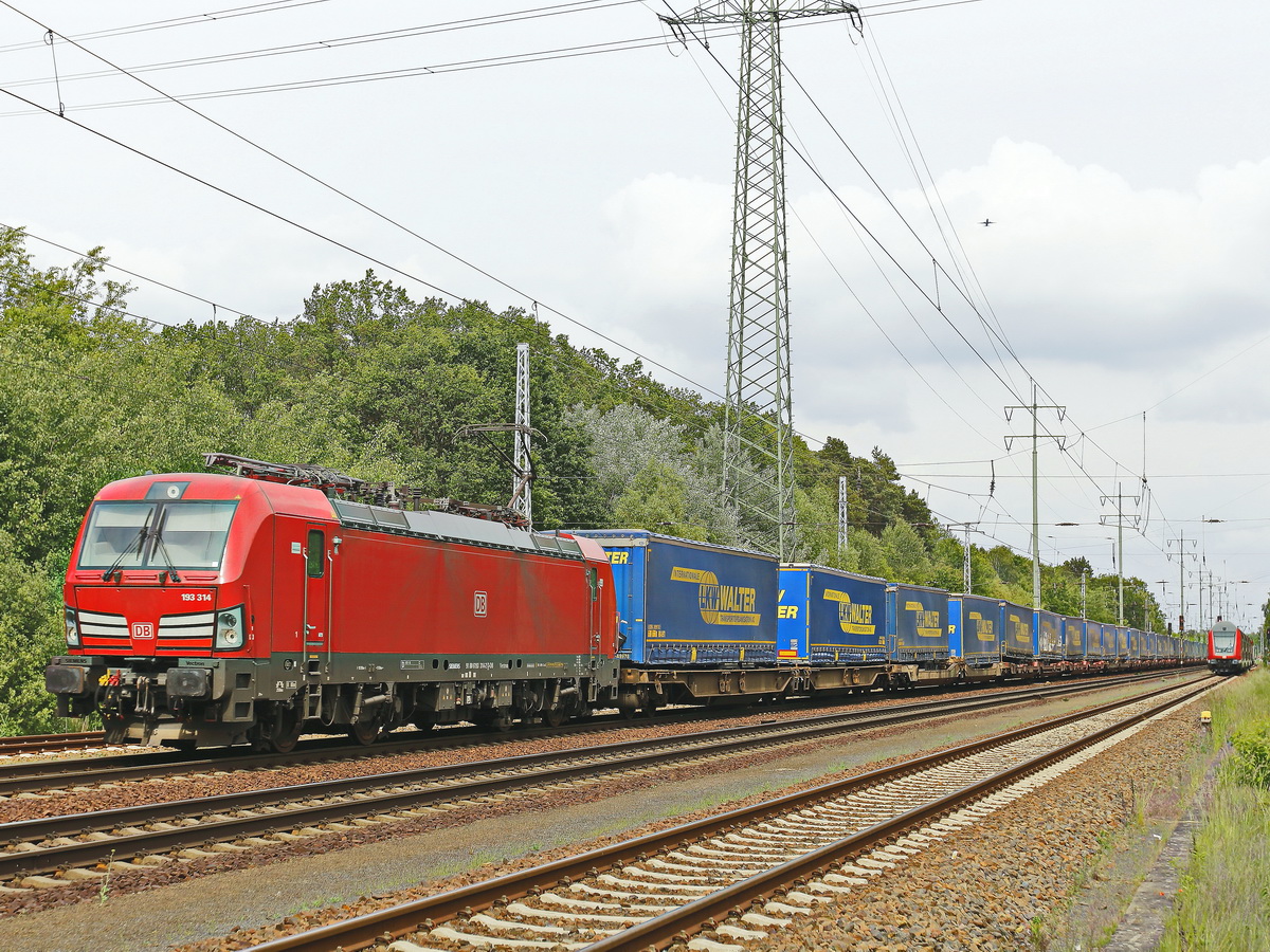 193 314 mit einem LKW-Walther-KLV Zug am 28. Mai 2019 bei Diedersdorf.