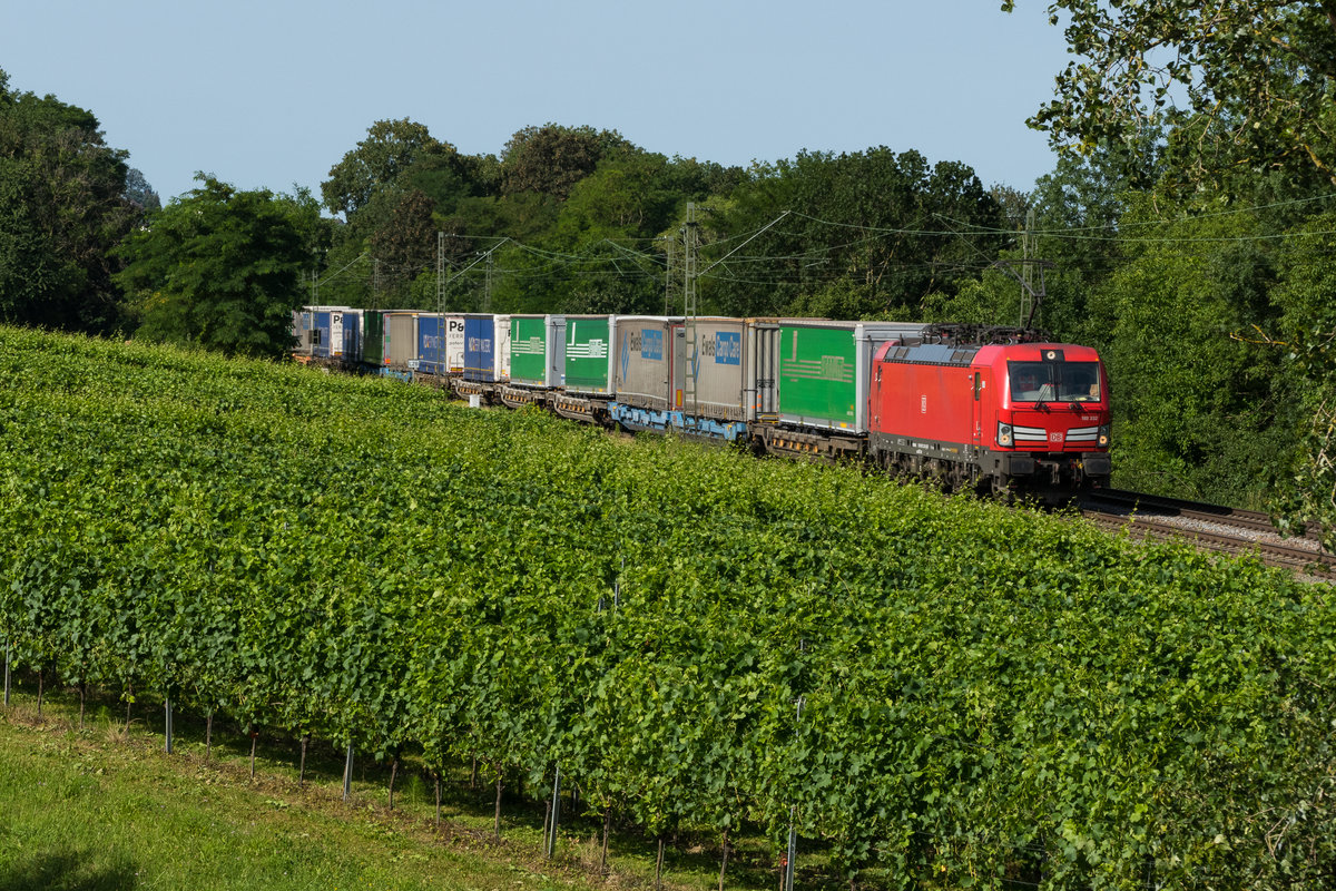 193 332 fährt mit den Sattelauflieger Zug im Weinberg bei Bad Bellingen auf der Rheintalbahn Richtung Norden. 10.07.2020 