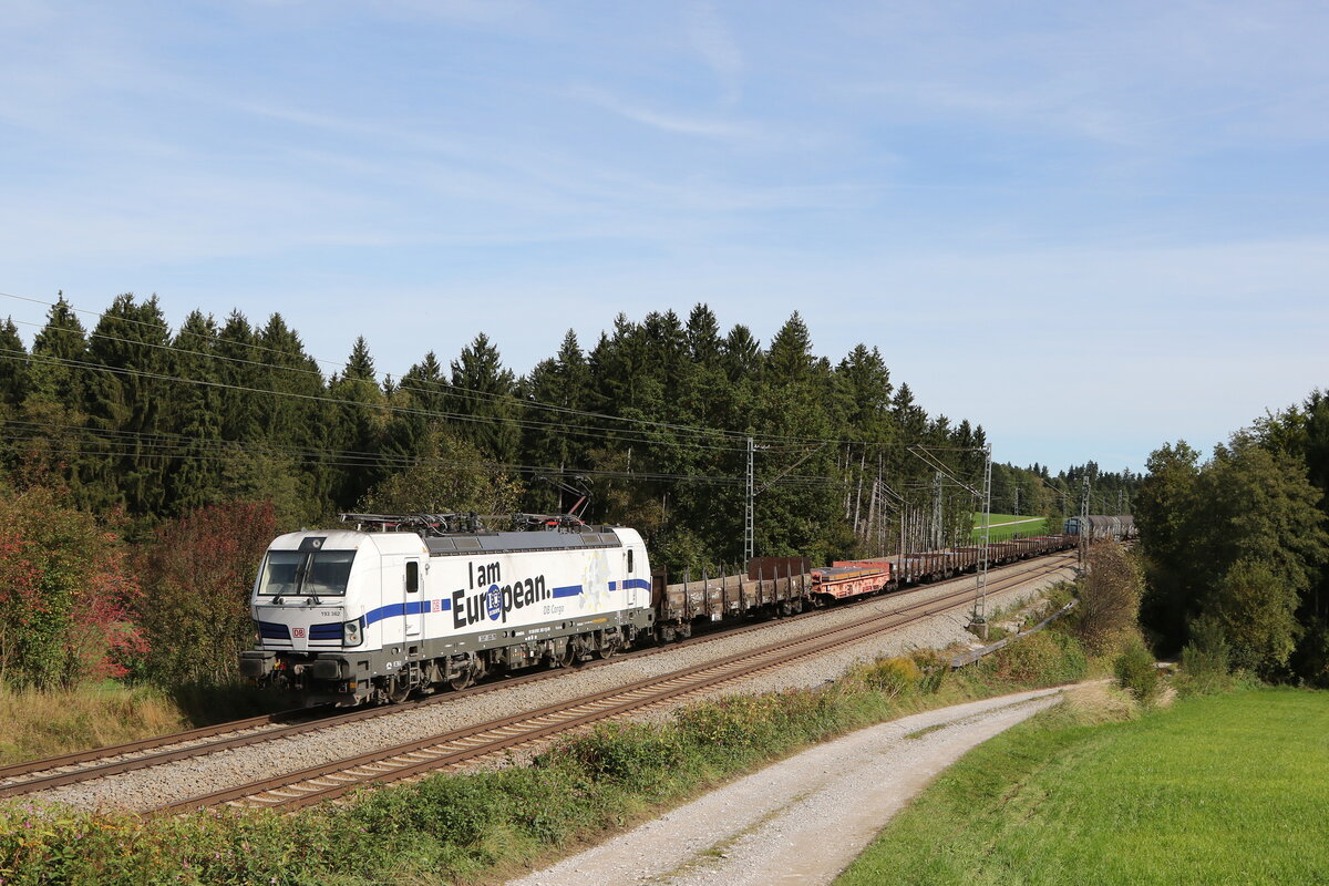 193 362  I am European  war am 1. Oktober 2021 bei Grabenstätt mit einem gemischten Güterzug in Richtung München unterwegs.