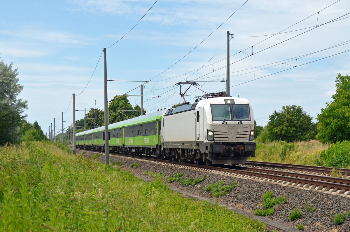 193 447 bespannte am 24.06.25 den FLX 1240 von Stuttgart nach Berlin. Hier passiert der Zug Brehna Richtung Bitterfeld. Gruß an den Fahrer!