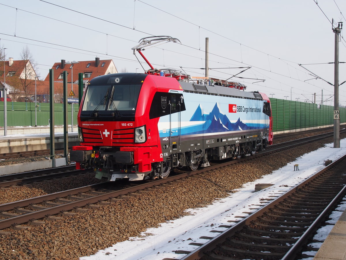 193 472 macht eine Probefahrt von Krauss-Maffei nach Petershausen und wieder zurück. Aufgenommen am 27.02.18 in Petershausen.