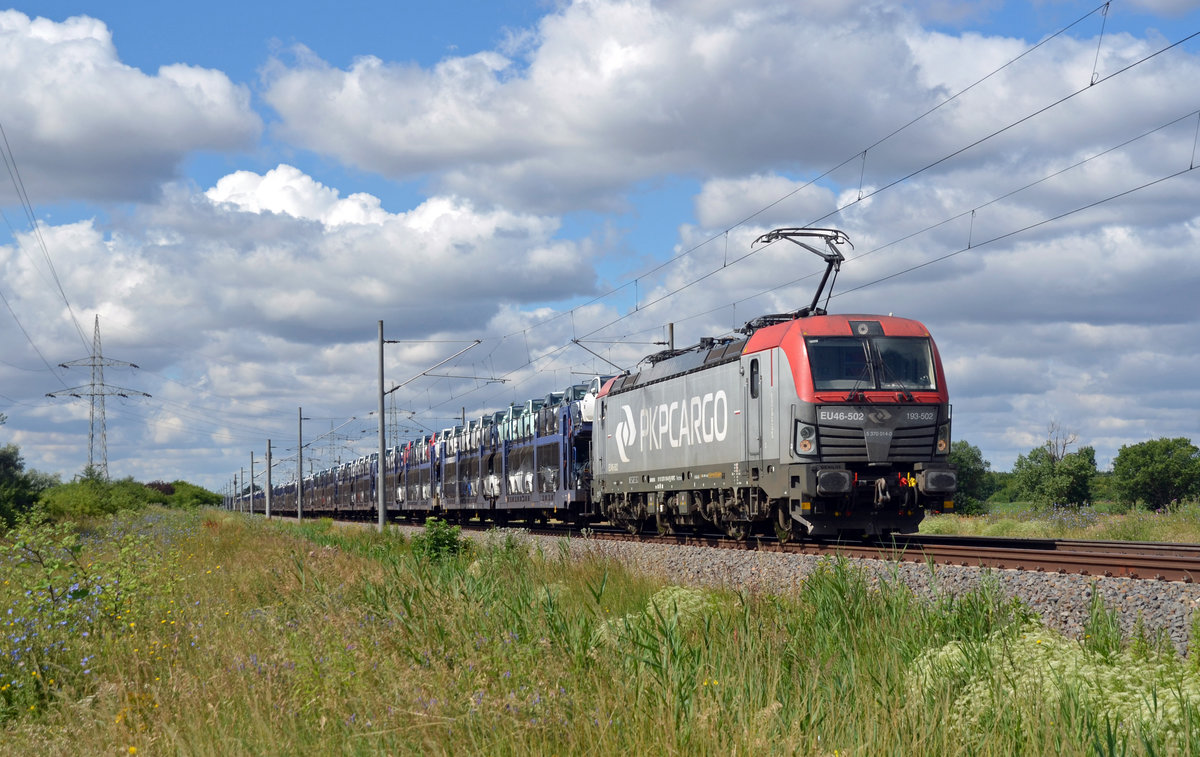 193 503 (370 014) führte am 11.07.20 einen Autozug durch Braschwitz Richtung Köthen.