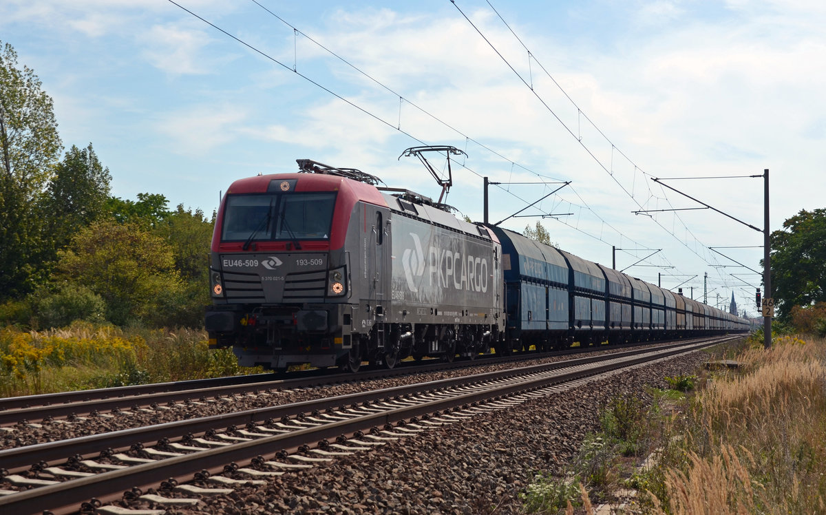 193 509 rollte mit einem PKP-Kohlezug am heißen 28.08.16 durch Greppin Richtung Dessau.