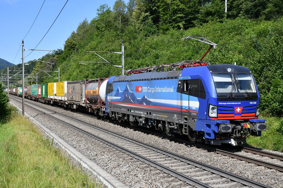 193 530  Po  unterwegs in den Süden bei Villnachern AG (CH) am 04.07.2020. Gruss zurück in die Lok und allzeit gute Fahrt 😀.