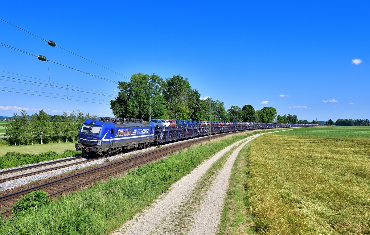 193 564 mit einem Autozug am 12.06.2022 bei Langenisarhofen.