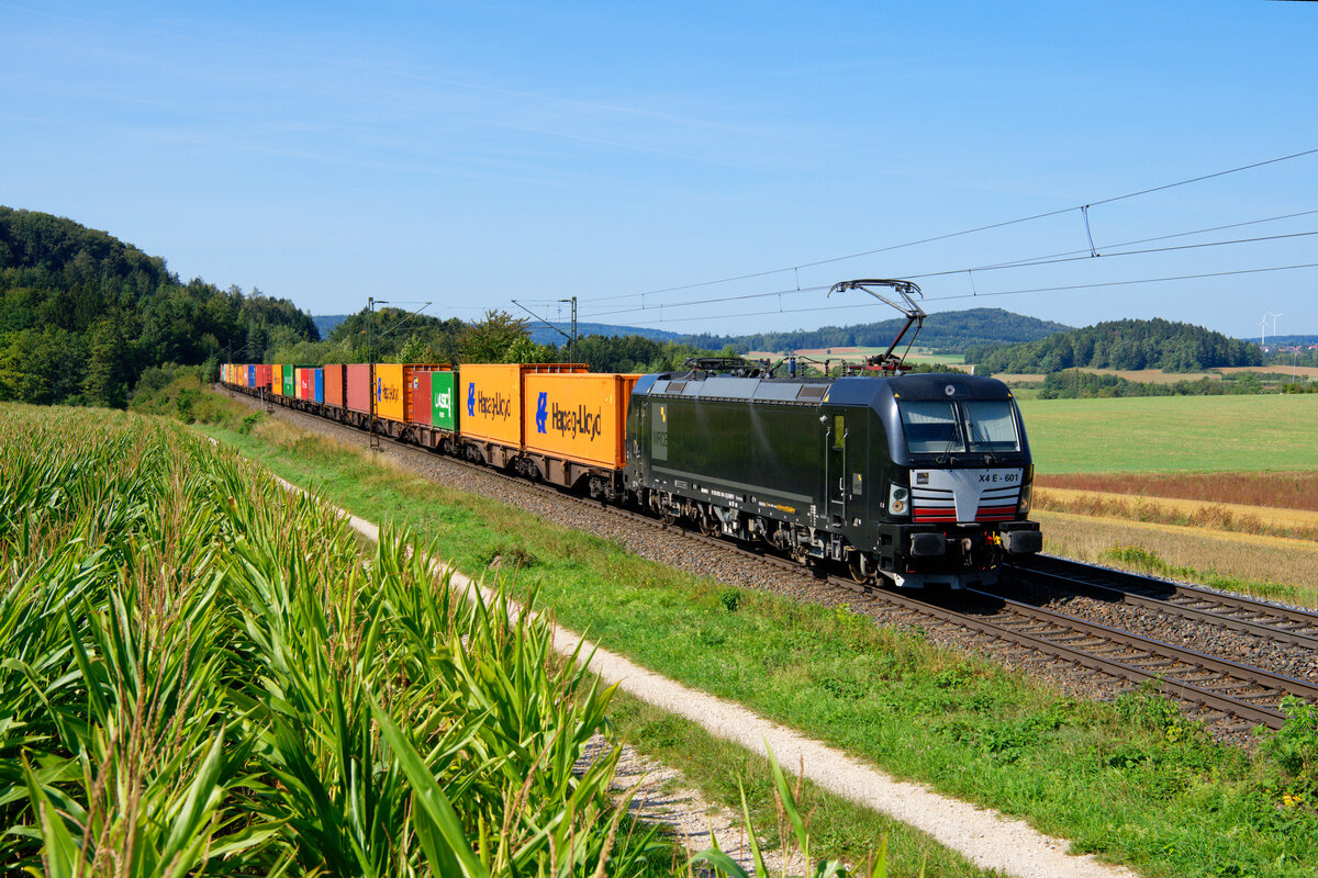 193 601 MRCE/WLC mit einem Containerzug bei Parsberg Richtung Regensburg, 14.09.2020