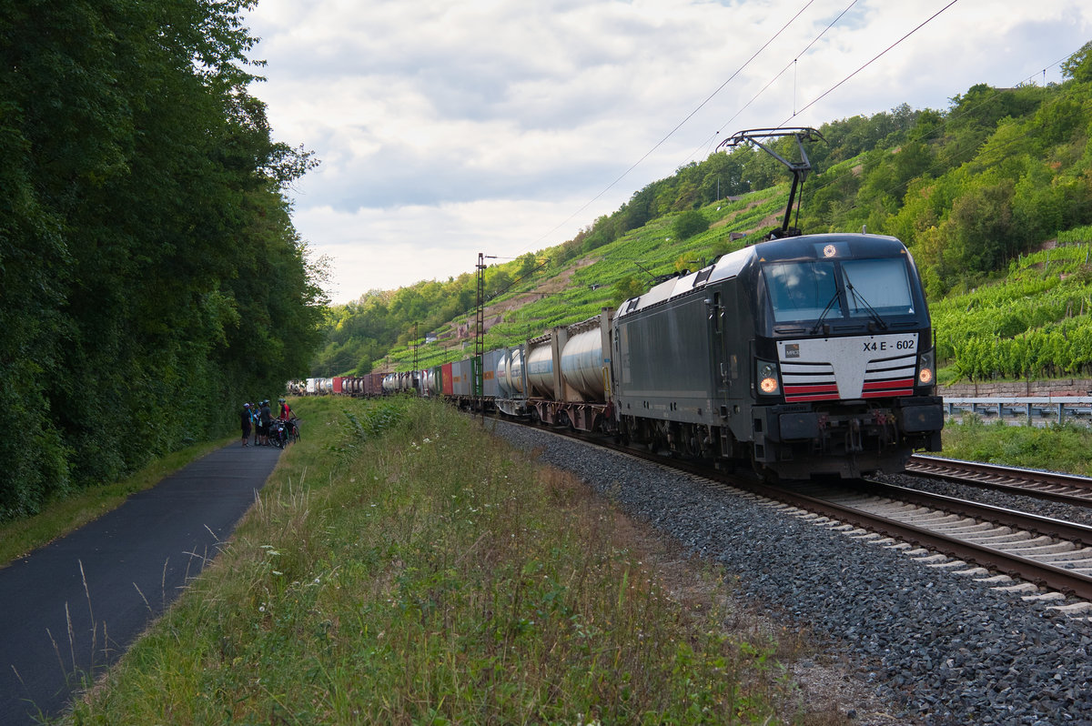 193 602 mit einem KLV-Zug bei Gambach Richtung Würzburg, 01.08.2019