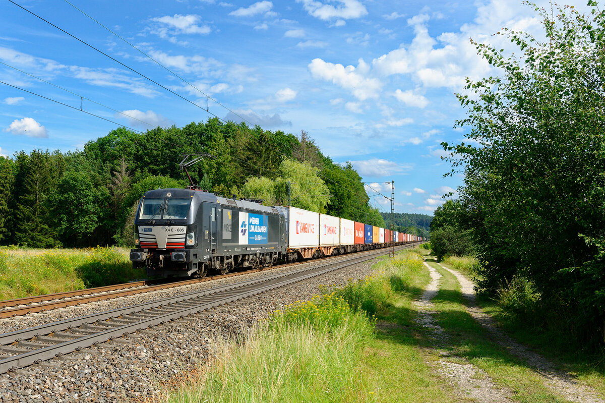 193 605 MRCE/WLC mit einem Containerzug bei Postbauer-Heng Richtung Nürnberg, 27.07.2020