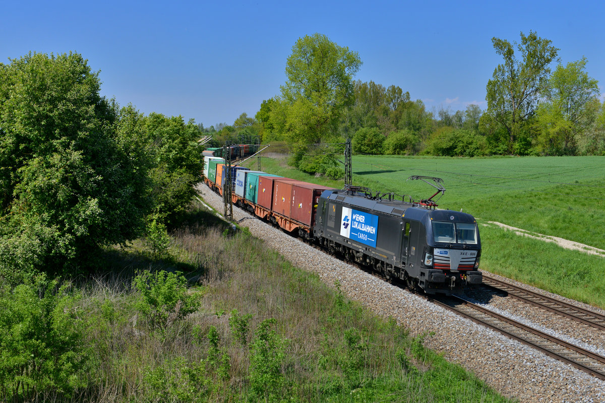 193 606 mit einem Containerzug am 06.05.2016 bei Langenisarhofen. 