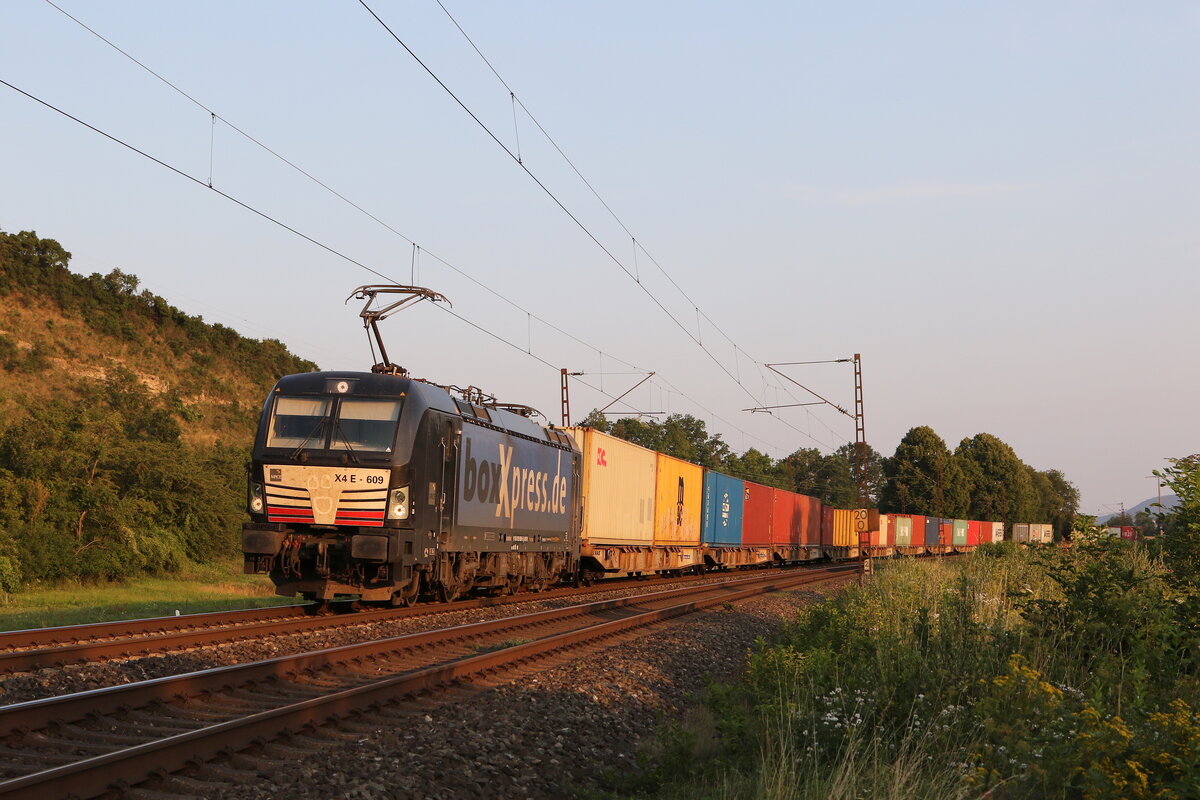 193 609 mit einem Containerzug am 23. Juli 2021 bei Himmelstadt am Main.
