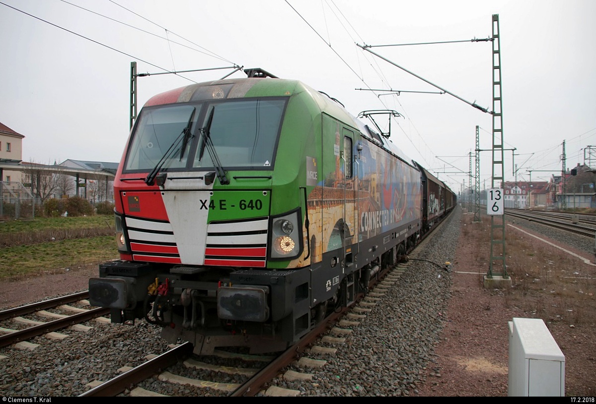 193 640 TXL als Papierzug Richtung Rostock durchfährt den Bahnhof Merseburg auf Gleis 1 Richtung Halle (Saale). [17.2.2018 | 12:57 Uhr]